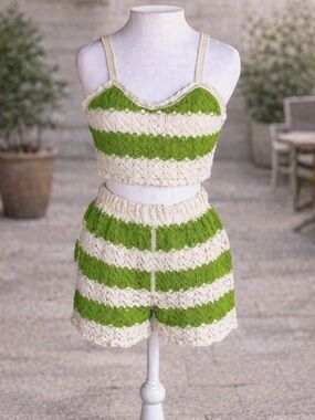 Rebellion Crochet 2 Piece Set Green White Boho Summer Crop Top Shorts Festival
